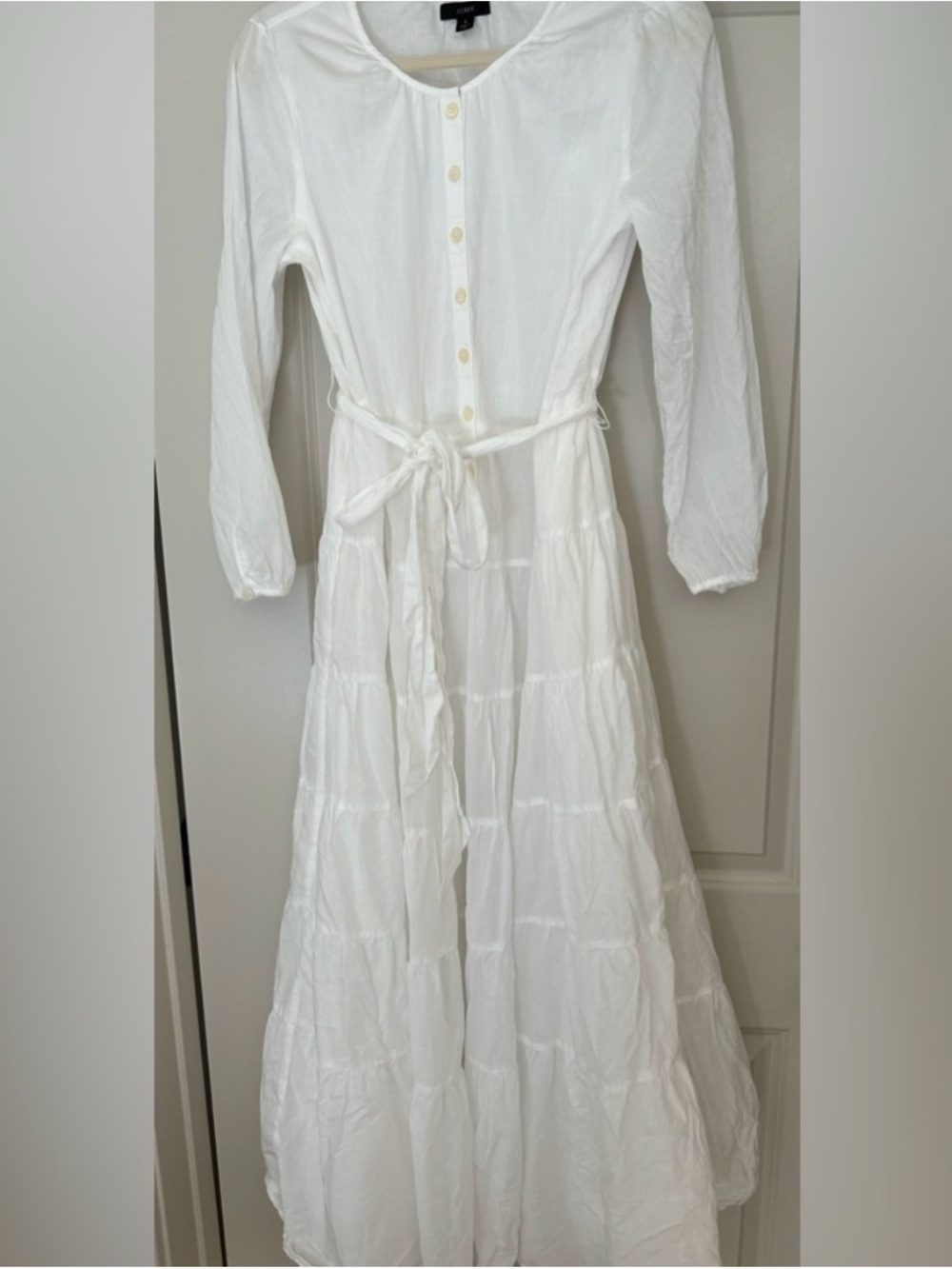 J. Crew White Tiered Button-Front Maxi Dress with Waist Tie